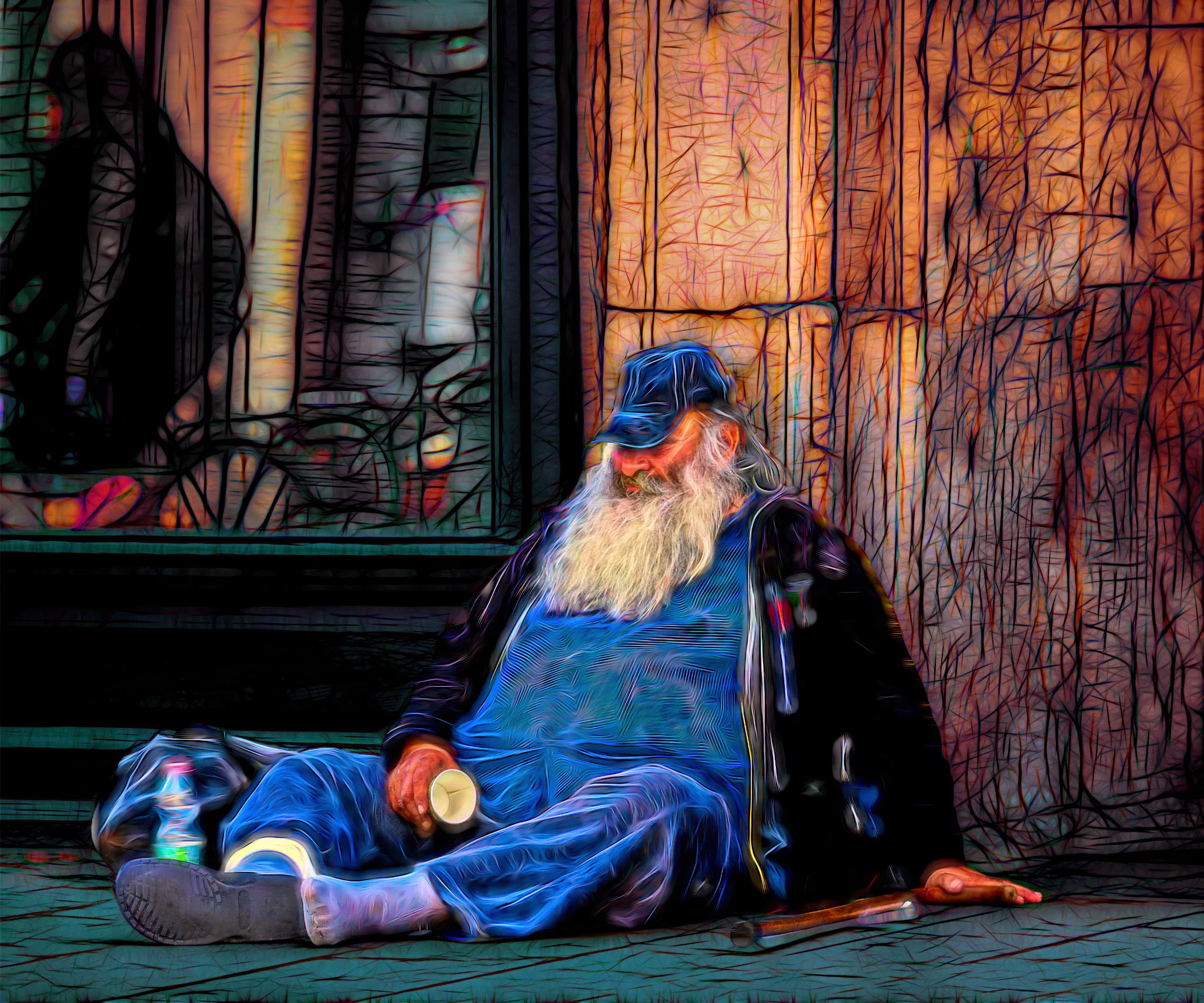 A seated bearded man holding a cup, rendered by Howard Harris in luminous blues and expressive lines.