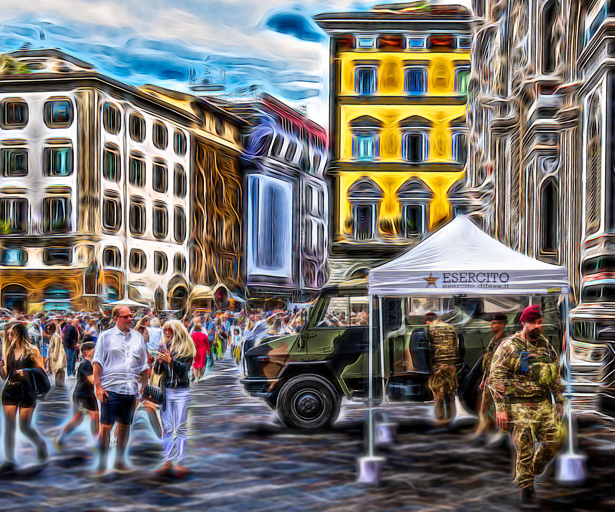 Soldiers, vehicles, pedestrians, and historic buildings in a public square transformed through Howard Harris's Techspressionist visual language.
