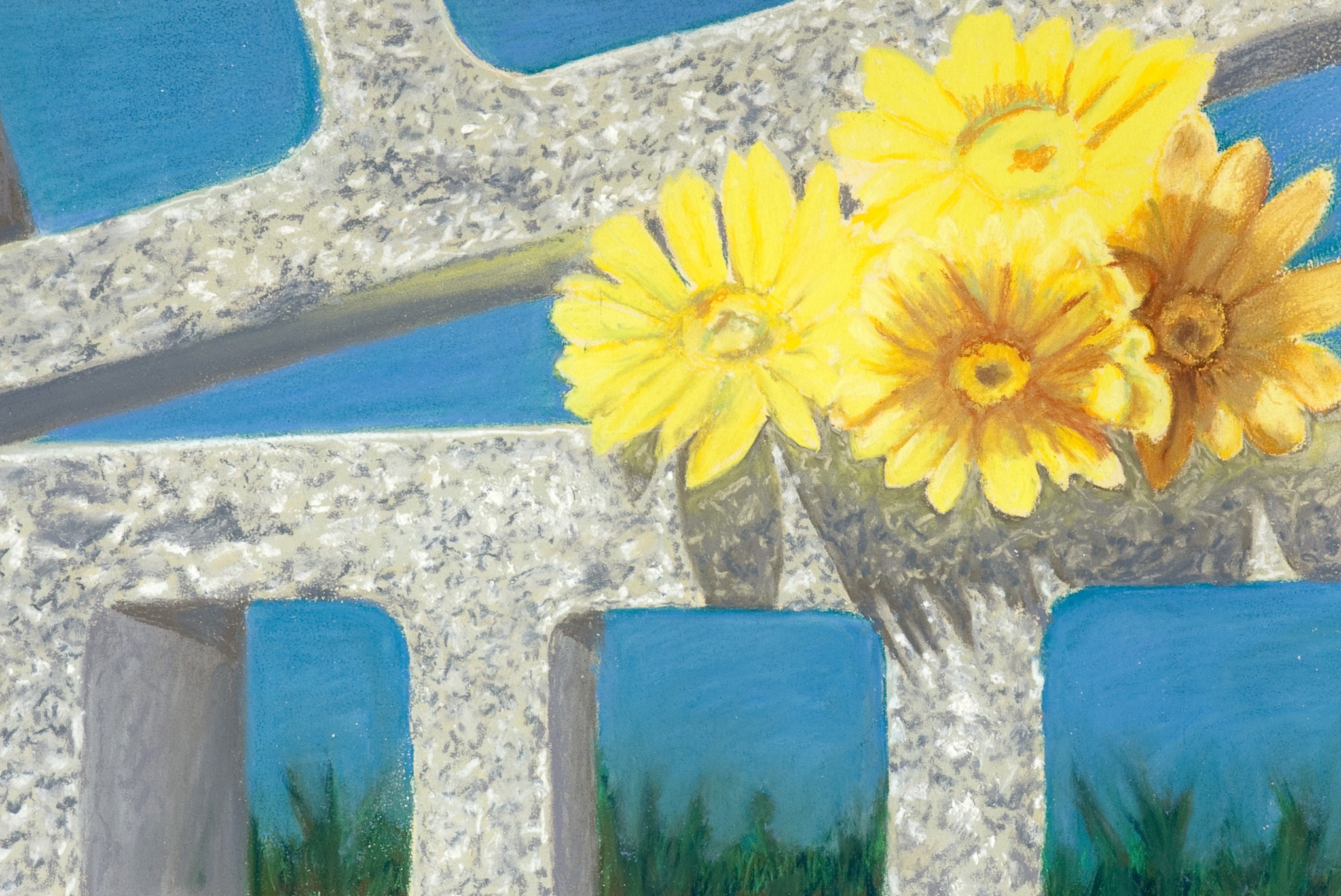 Yellow flowers interrupt a monumental gray structure beneath a blue sky in John Nieman’s Flower Power.
